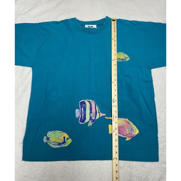Vintage SK Sport  Fish Painted Lagenlook Oversized Boxy Size Large Teal T-Shirt - Picture 6 of 7